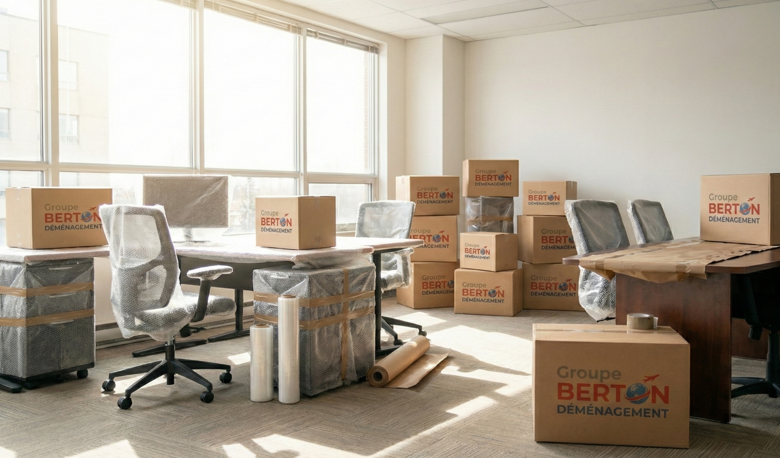 Bureaux et cartons d’emballage portant le logo Groupe Berton Déménagement, prêts pour déménagement.