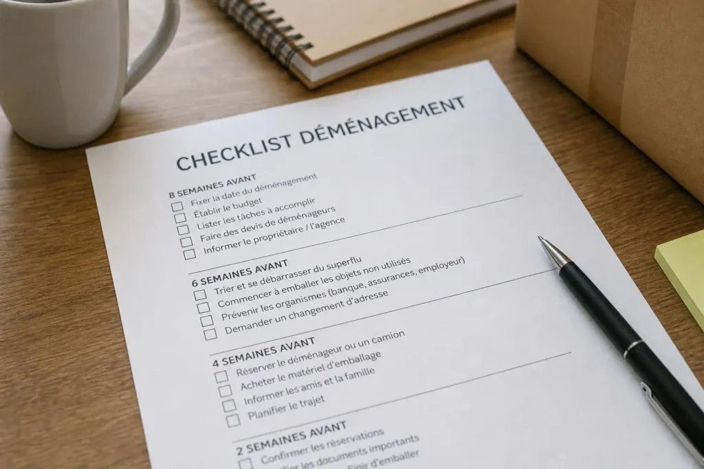 Checklist déménagement prête à l’emploi : page affichant une liste à cocher « CHECKLIST DÉMÉNAGEMENT » sur une table avec carnet et stylo.