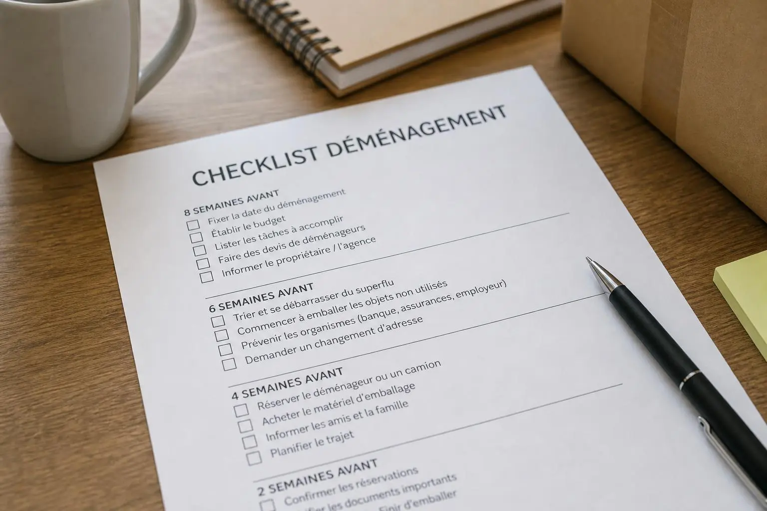 Checklist déménagement prête à l’emploi : page affichant une liste à cocher « CHECKLIST DÉMÉNAGEMENT » sur une table avec carnet et stylo.